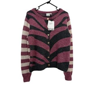 ICHI Cardigan Womens Medium Maroon Zebra Stripe Heart Button IHLIVONI CA2